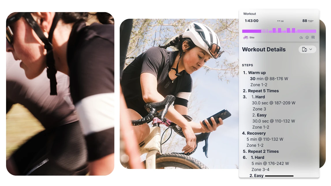 ภาพประกอบ TrainingPeaks มีนักปั่นดูมือถือและหน้ารายละเอียดการซ้อม