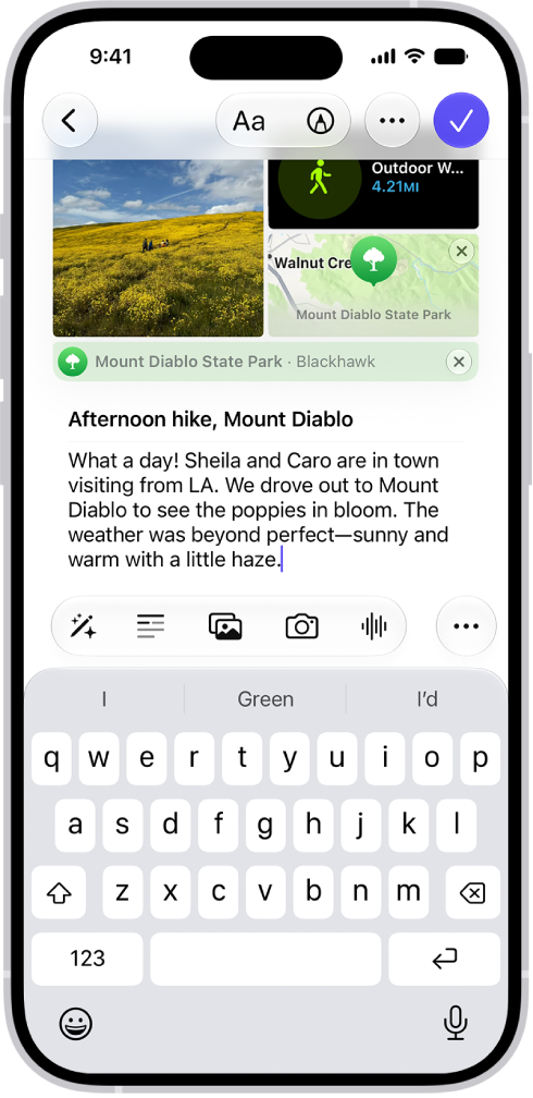 Apple Journal’s iPhone editor with a sample entry, photos, keyboard and audio control