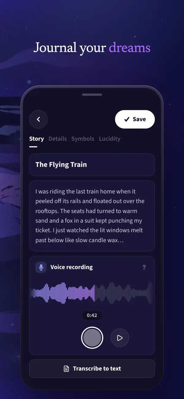 Oniri’s published dream-entry screen with story fields, a voice recording and a transcribe-to-text control