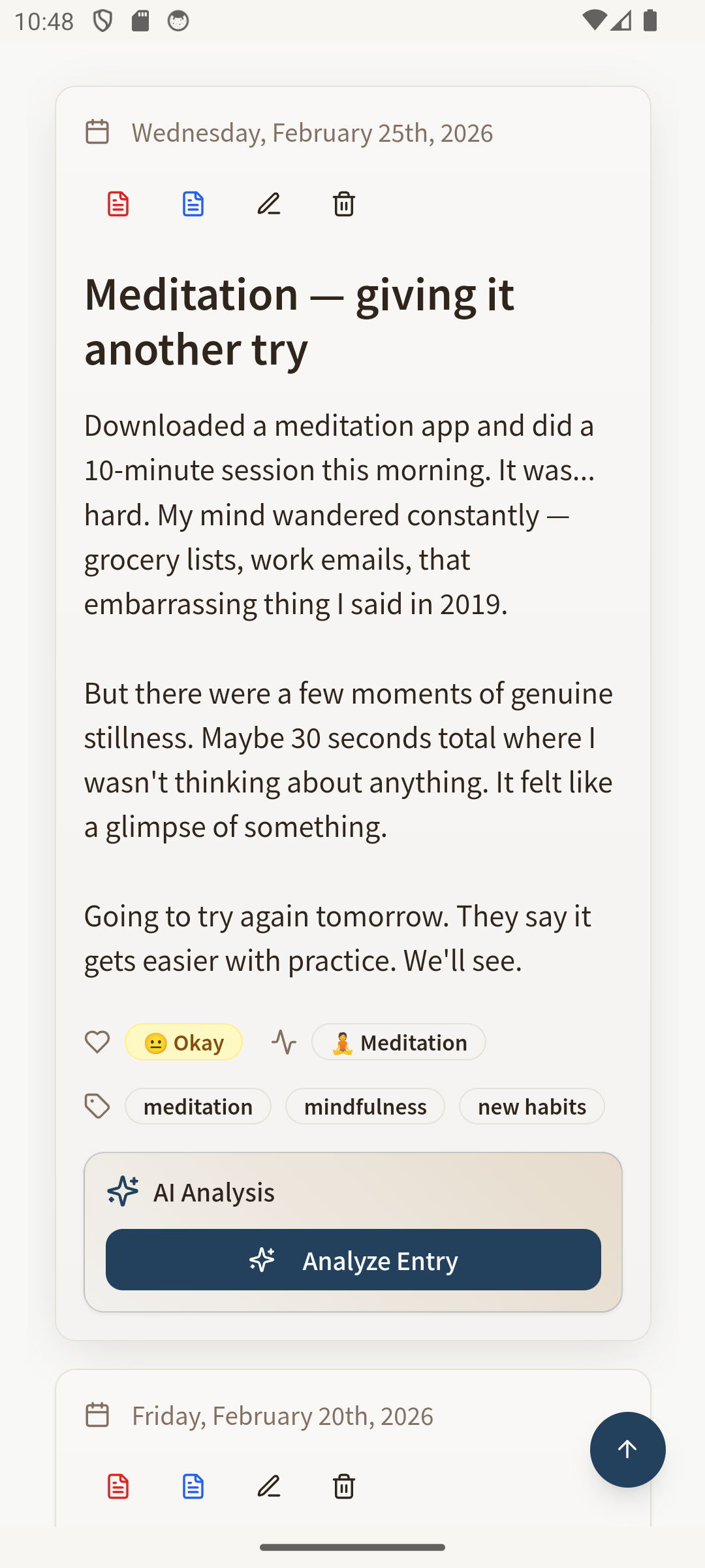 OwnJournal’s Android entry view with a written meditation note, mood, activity, tags and an AI analysis button