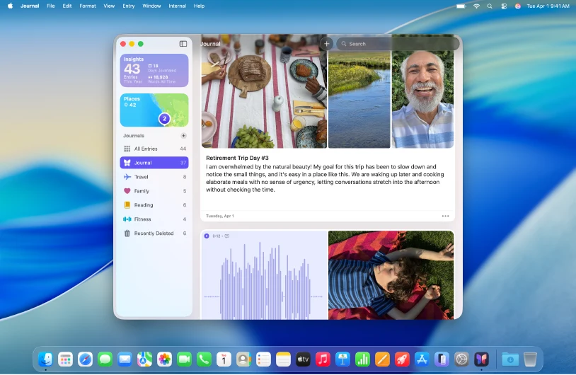 Apple's Journal screenshot showing a Mac diary, journal sidebar and photo entries