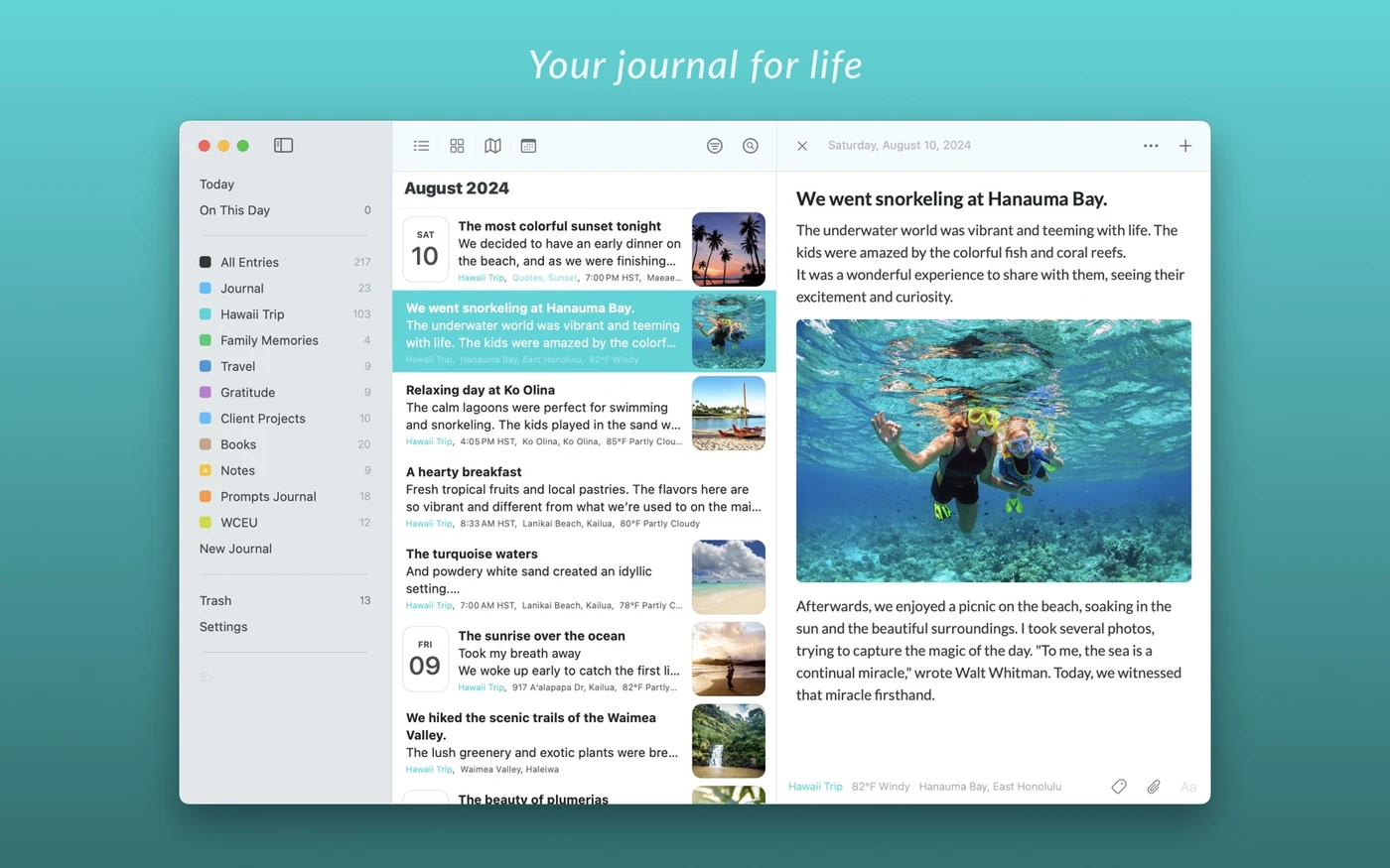 Day One's Mac store image showing journals, an entry list and a photo diary entry